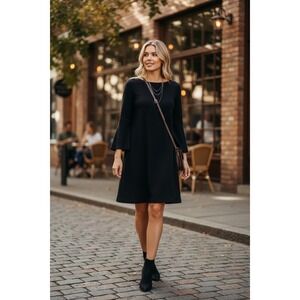 J. Jill 100% Boiled Wool Shift Dress Black 3/4 Sleeve Boat Neck Large